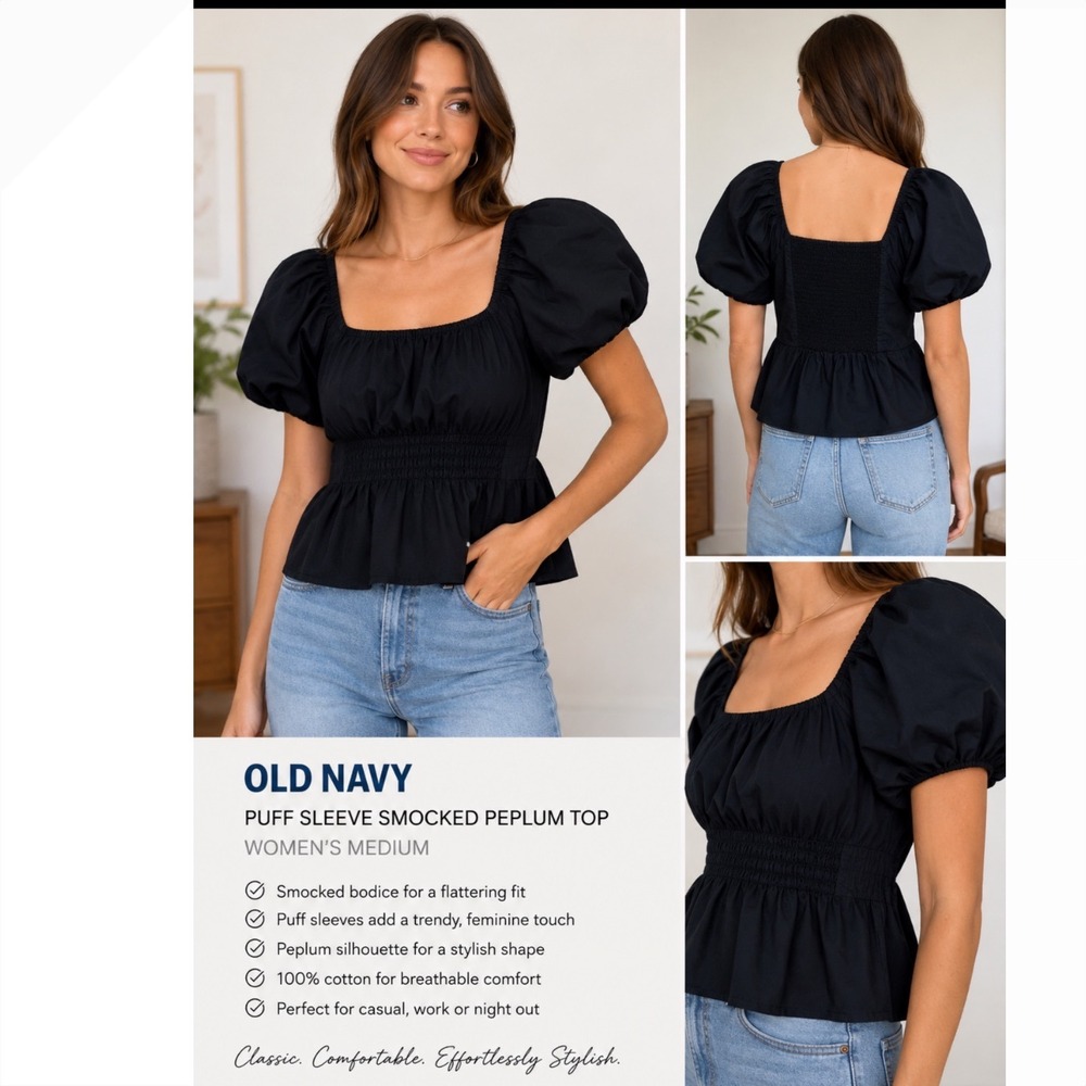 Old Navy Black Puff Sleeve Smocked Peplum Top Cotton Square Neck Blouse Medium